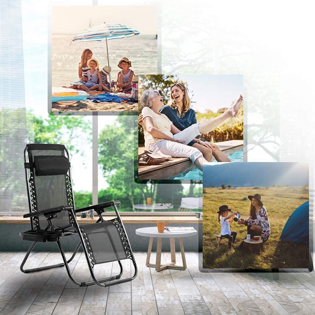 BSTOPHKL Zero Gravity Lounge Chairs Set of 2 - Adjustable Reclining Outdoor Folding Chairs with Headrest Pillow & Cup Holder - Perfect for Patio, Deck, Beach, Camping, Backyard & Poolside Relaxation