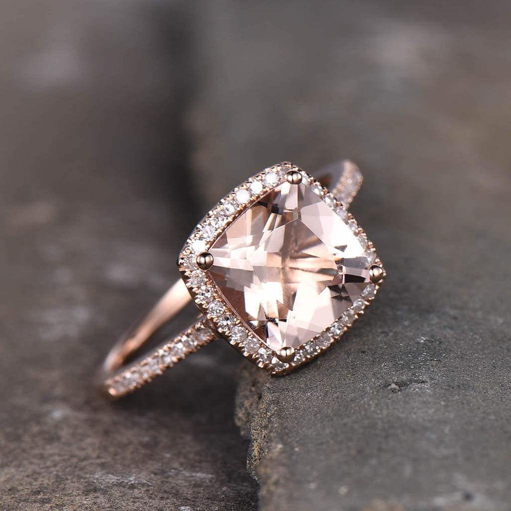 Morganite & Diamond Engagement Ring in Rose Gold - Elegant Cushion Cut for Women, Perfect for Proposals, Weddings & Anniversaries