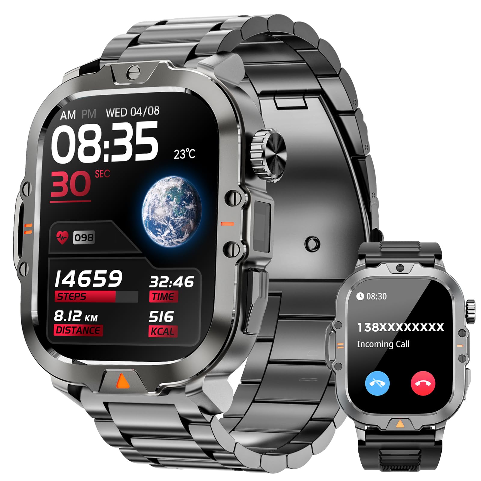 2.01-inch Rugged Men's Smartwatch with Fitness Tracker, Call Function & IP68 Waterproof - 100+ Exercise Modes, Compatible with Android & iPhone (Gray Steel Band) - Perfect for Outdoor Sports, Running, Hiking & Daily Activity Tracking