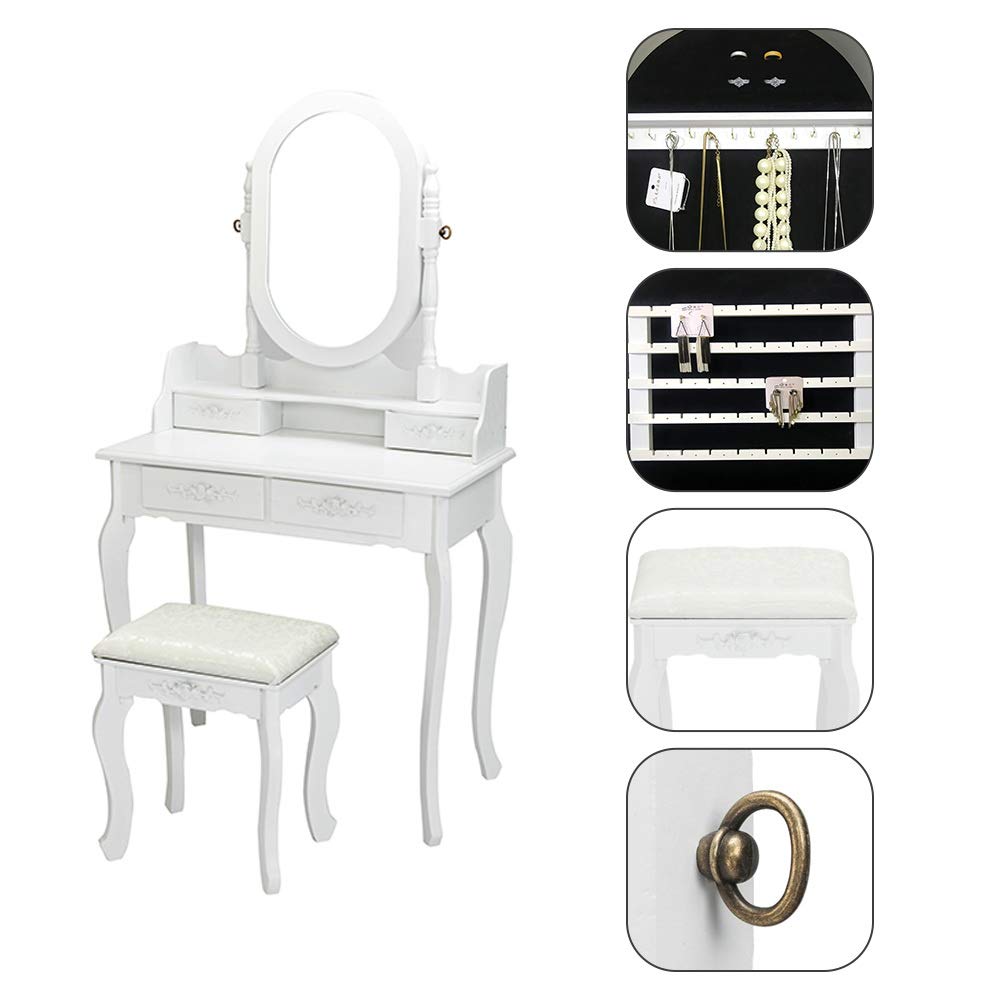 Wooden Vanity Table Set with Oval Mirror & Cushioned Stool - 4-Drawer Dressing Table Jewelry Cabinet for Women, Girls, Kids | Perfect for Bedroom Makeup, Jewelry Storage & Beauty Organization