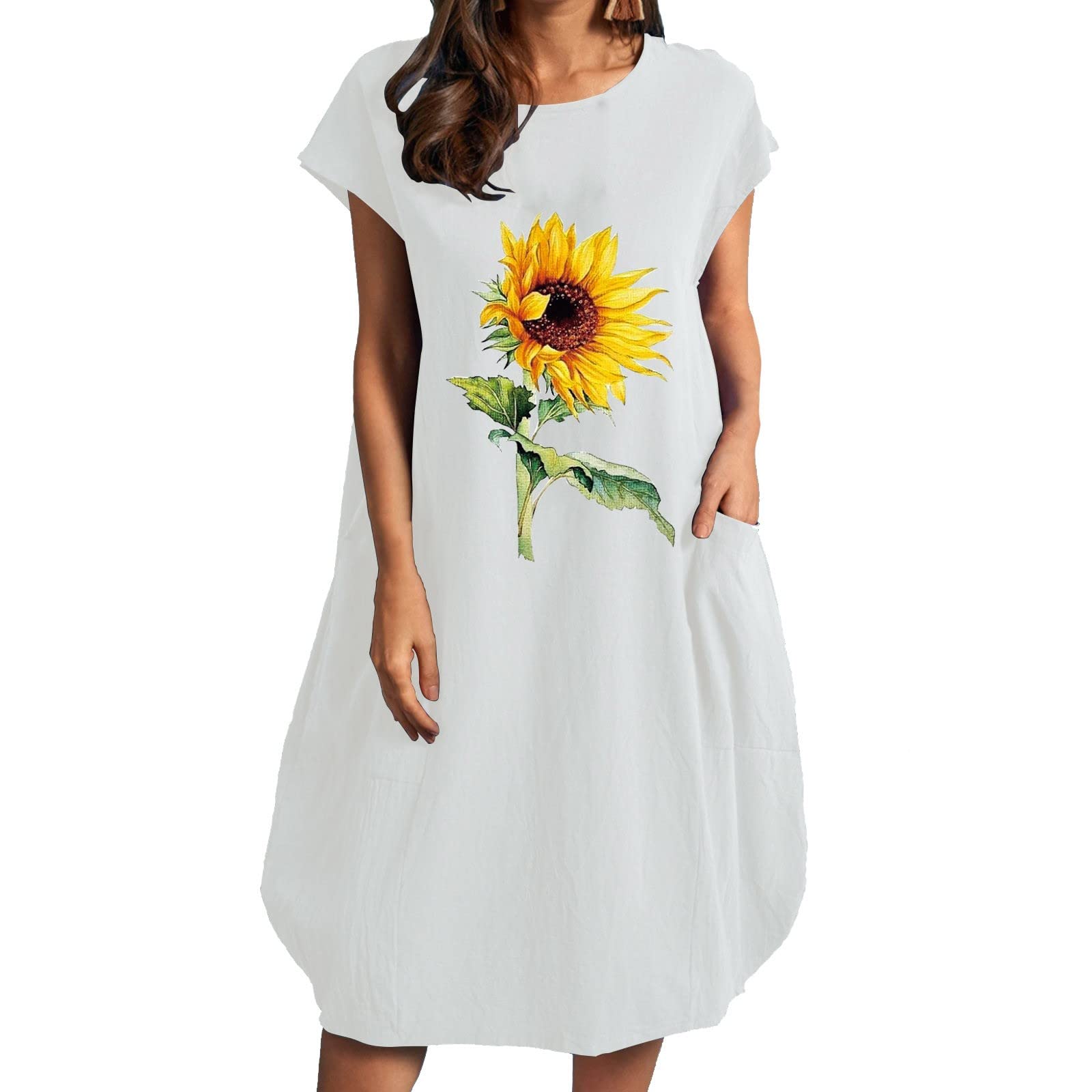 Women's Sunflower Printed Loose Short Sleeve Summer Dress - Round Neck Casual Shirt Dress with Pockets | Perfect for Beach Vacation, Picnic & Summer Outings