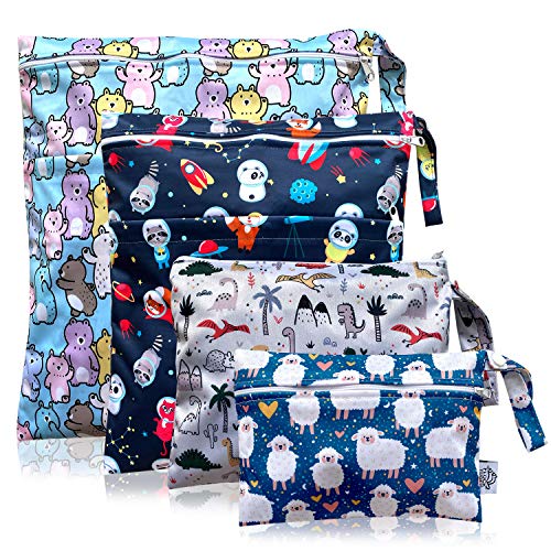 FLOCK THREE 4-Pack Waterproof Wet Bags - Reusable for Baby Diapers, Swimsuits & Travel - Small & Large Size for Wet Clothes, Toiletries & Electronics Storage (Blue Sky) - Perfect for Daycare, Beach Trips & Gym Use