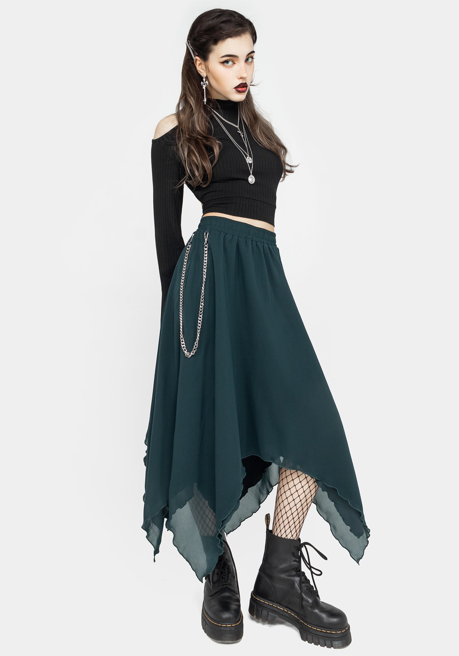 Levitate Chain Detail Midi Skirt - Women's Green Flowy Skirt for Casual Wear, Office & Party Outfits | Perfect for Spring & Summer Fashion