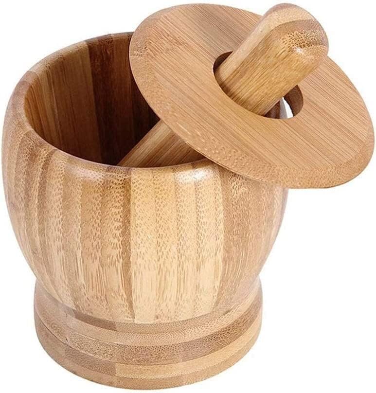Natural Bamboo Mortar and Pestle Set with Lid & Spoon - Stone Spice Grinder for Pepper, Garlic & Herbs - Easy-to-Use Crusher & Masher for Kitchen, Cooking & DIY Herbal Remedies