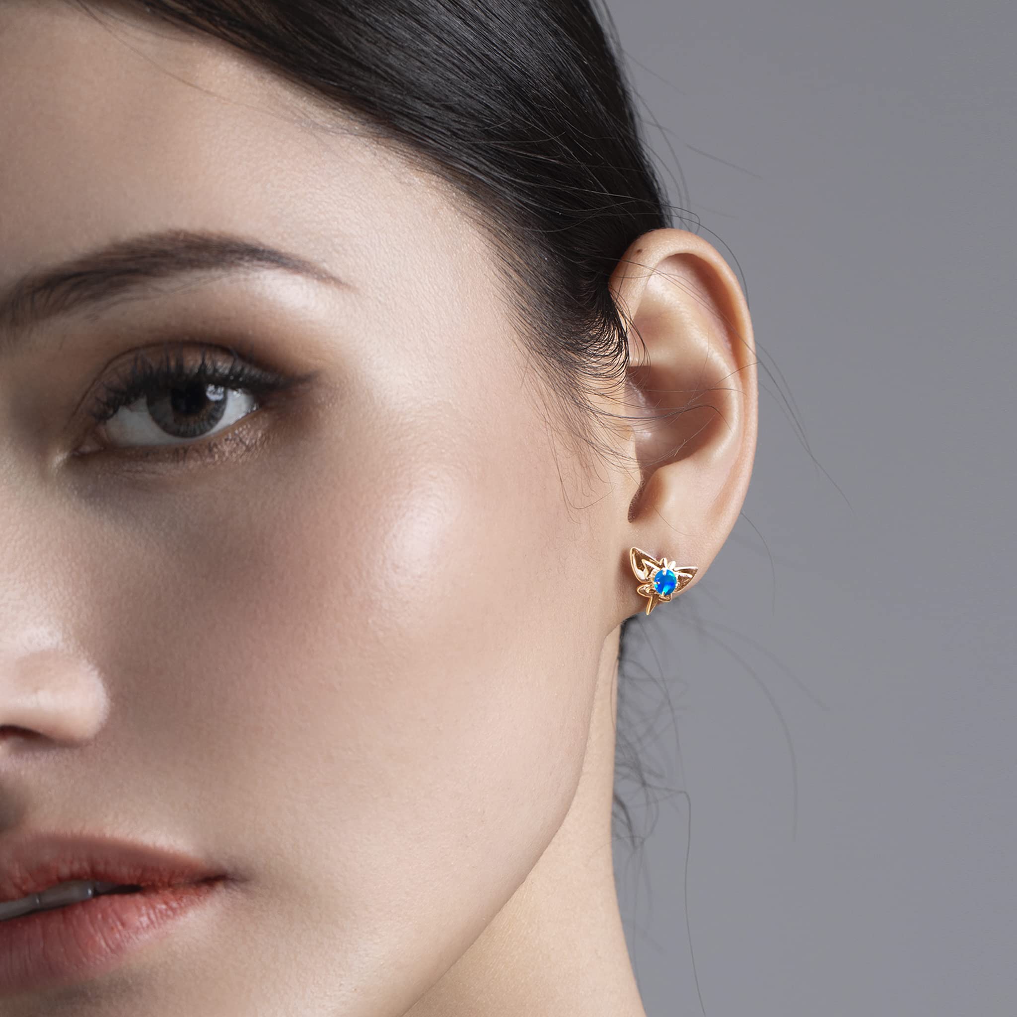 Blue Opal Earring Studs - Small Butterfly Earrings for Multiple Piercings - Dainty Stacking Jewelry - Alternative October Birthstone Earrings for Women - Perfect for Everyday Wear, Gift Giving & Special Occasions