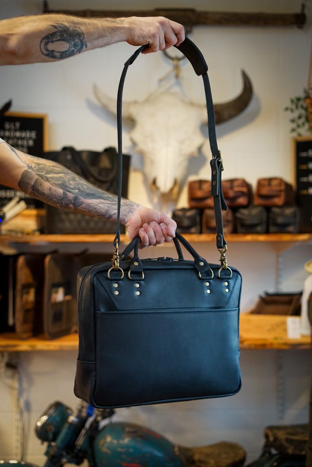Professional Business Bag for Men & Women - Flat Black with Brush Brass Hardware - Stylish Work Tote for Office, Commute & Business Travel