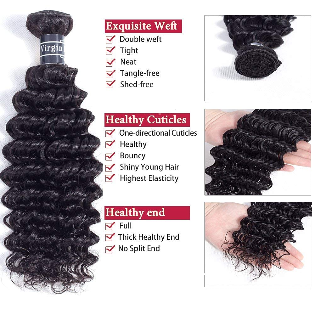 Amella Hair 8A Grade Brazilian Deep Wave Virgin Hair 3 Bundles - 100% Unprocessed Remy Human Hair in Natural Black (18, 20, 22 Inches) for Weaving, Extensions & Styling - Perfect for Daily Wear, Parties & Special Occasions