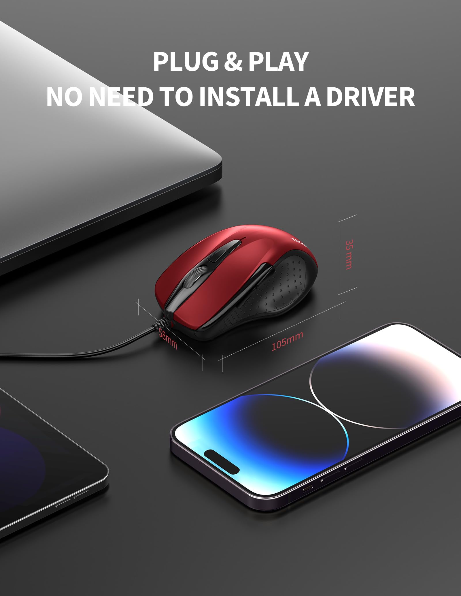 TECKNET USB Wired Mouse - 6 Button Ergonomic Optical Computer Mouse with 4 Adjustable DPI (Up to 2400) & 5FT Cord - Compatible with Laptop, PC, Mac, Chromebook - Perfect for Office Work, Gaming & Home Use - Red