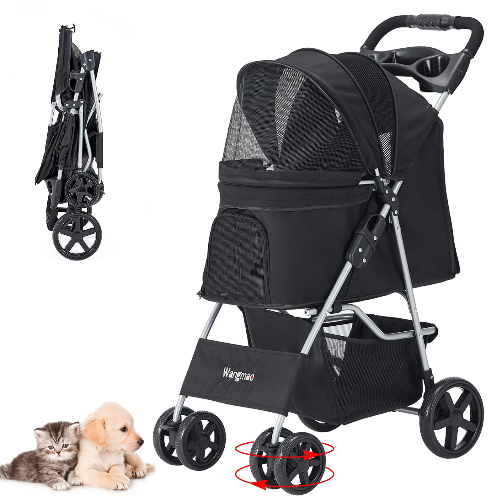 Premium Folding Pet Stroller for Small & Medium Dogs & Cats - 4-Wheel Jogger with Cup Holder & Storage Basket (Black) | Perfect for Outdoor Walks, Shopping Trips & Vet Visits