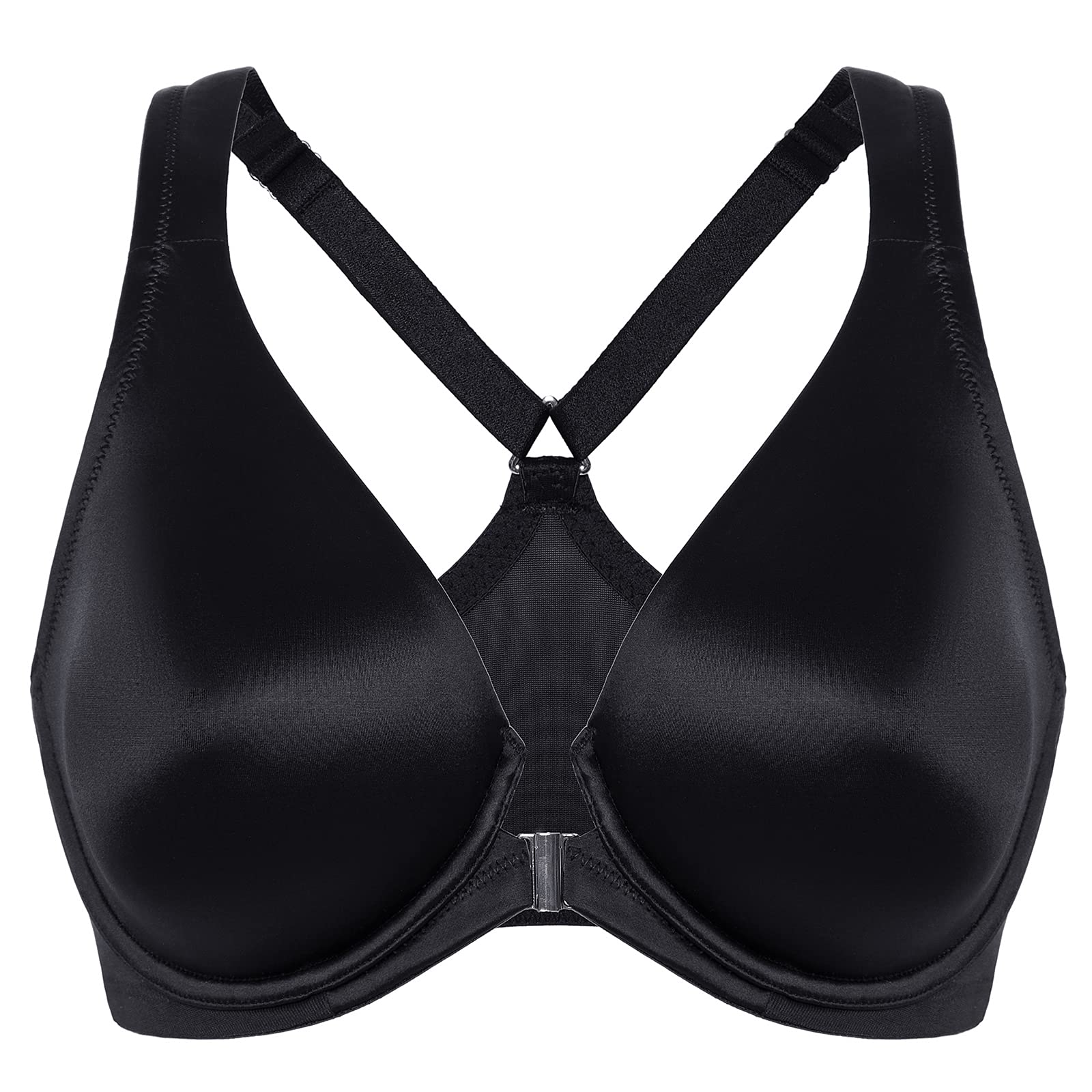 DELIMIRA Women's Front Closure Racerback Bra - Seamless Plunge Underwire Unlined Bras for Yoga, Workout & Everyday Comfort