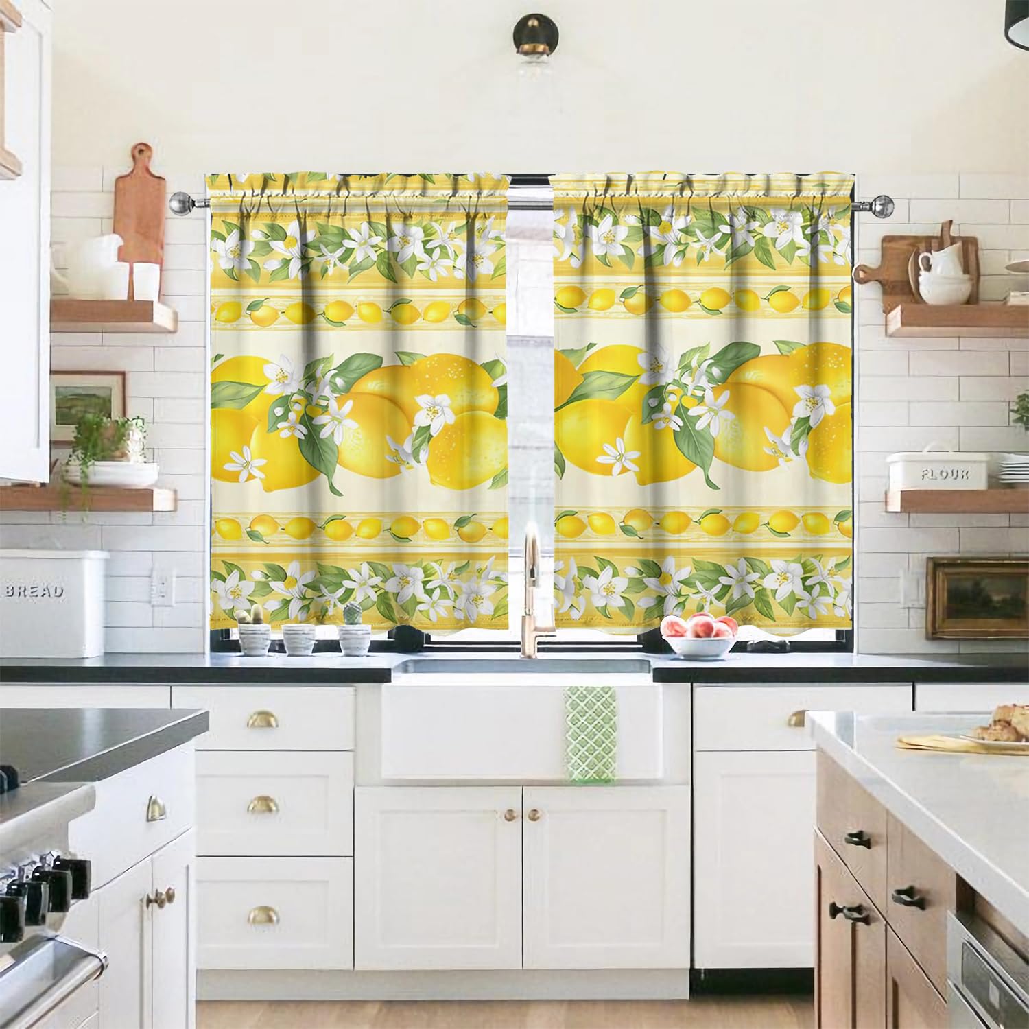 Lemon Kitchen Curtains Set - 3 Piece Window Valance for Sink (54x36
