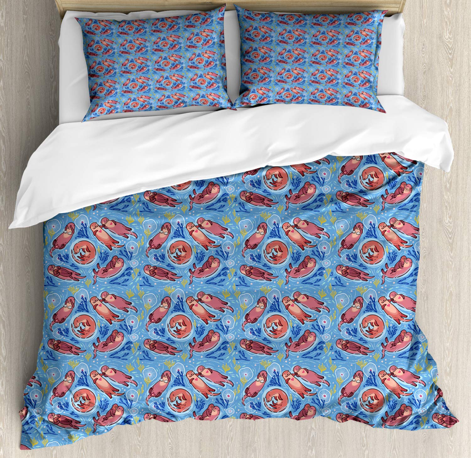 Ambesonne Cartoon Otter Duvet Cover Set - Blue Water Design with Seaweed & Corals, 3-Piece Queen Size Bedding Set with 2 Pillow Shams | Perfect for Kids' Rooms, Coastal Themed Bedrooms & Animal Lovers
