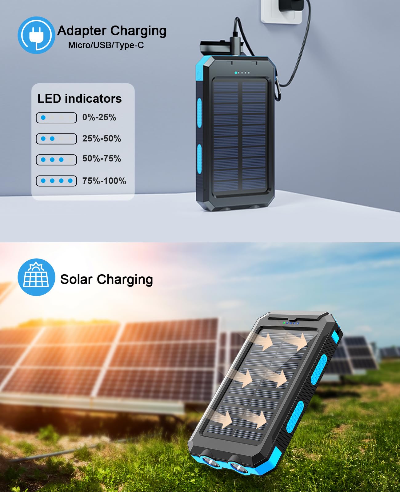 ERRBBIC 38800mAh Solar Power Bank - Waterproof Portable Charger with Dual LED Flashlights | Fast Solar Panel Charging for Phones & Devices | Perfect for Outdoor Camping, Hiking, Emergency Power Backup