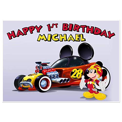 Personalized Mickey Roadster Birthday Banner - Custom Disney Car Theme Party Decor for Kids & Toddlers - Perfect for Birthdays, Baby Showers & Special Celebrations