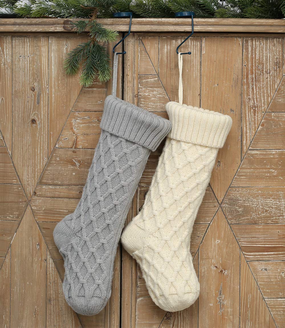 Premium Cable Knit Christmas Stockings Set of 2 - 18 Inch Classic Solid White & Gray Holiday Decor - Perfect for Fireplace Mantel, Gift Filling & Festive Home Decor