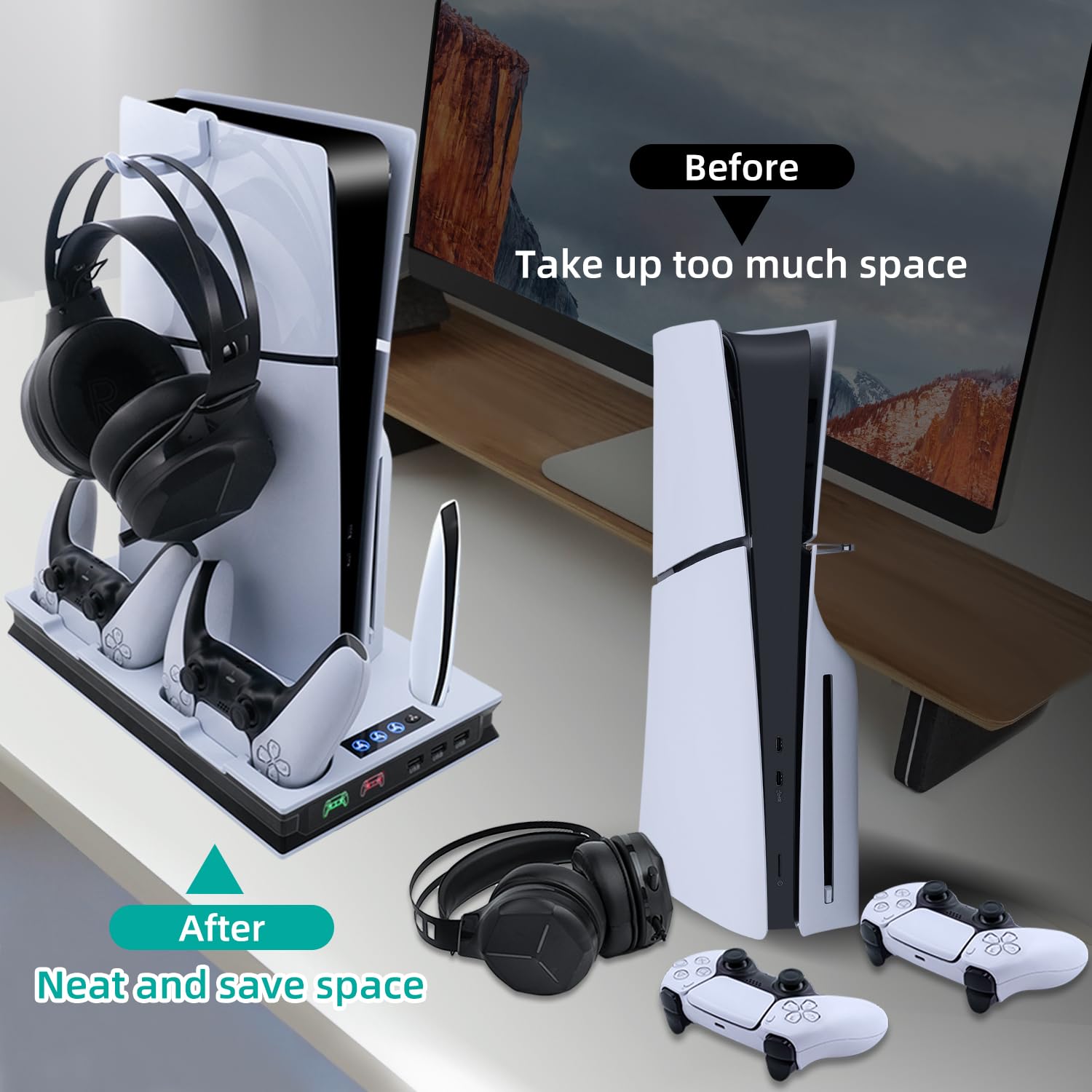 PS5 Cooling Stand with Dual Controller Charger & Headset Holder - Compatible with PS5 Slim/Pro/UHD/Digital Edition - 3 USB Ports & Enhanced Airflow Cooling Station - Perfect for Gaming Marathons & Console Protection (White)