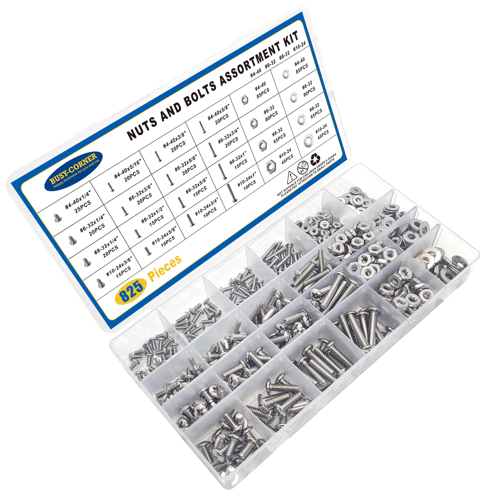 825Pcs Stainless Steel Machine Screws Assortment Kit - #4-40, #6-32, #8-32, #10-24 Phillips Pan Head Bolts with Nuts & Washers - Perfect for DIY Projects, Home Repairs, and Automotive Maintenance