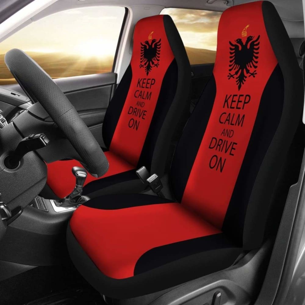Premium Albania Car Seat Covers - Keep Calm And Drive On Design - Universal Fit for Most Vehicles - Perfect for Road Trips & Daily Commutes