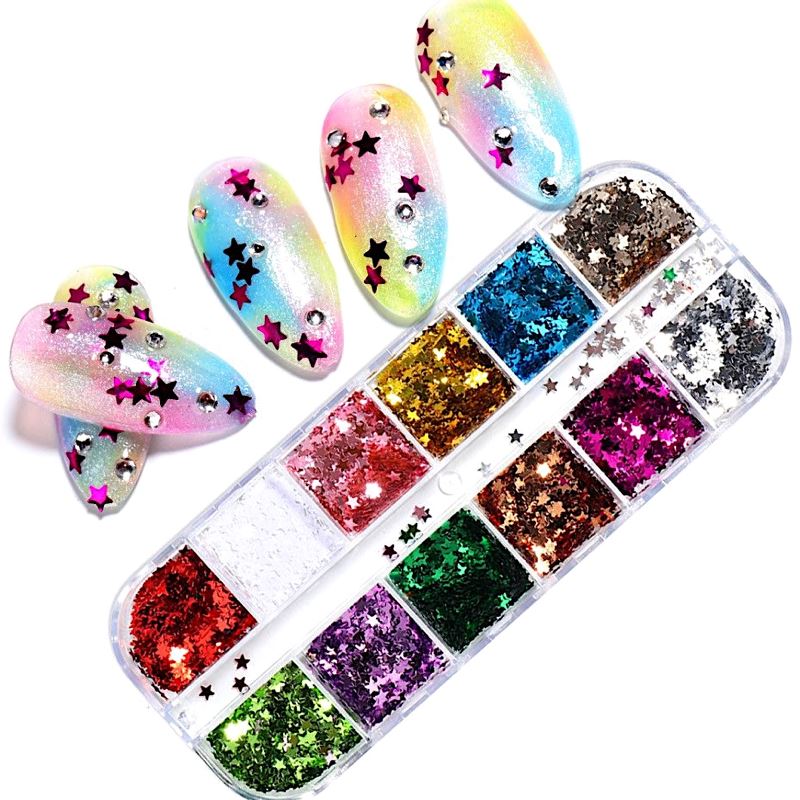 Glitter Star Sequins Nail Art Tray - DIY Nail Decoration Kit for Manicure, Pedicure & Salon Use - Perfect for Nail Artists, Home Spa & Professional Nail Design
