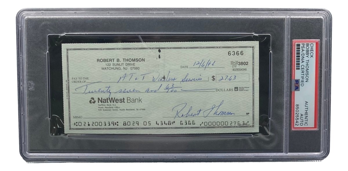 Bobby Thomson New York Giants Autographed Bank Check - PSA/DNA Certified 85025542 - Perfect for Sports Memorabilia Collectors & Baseball Fans