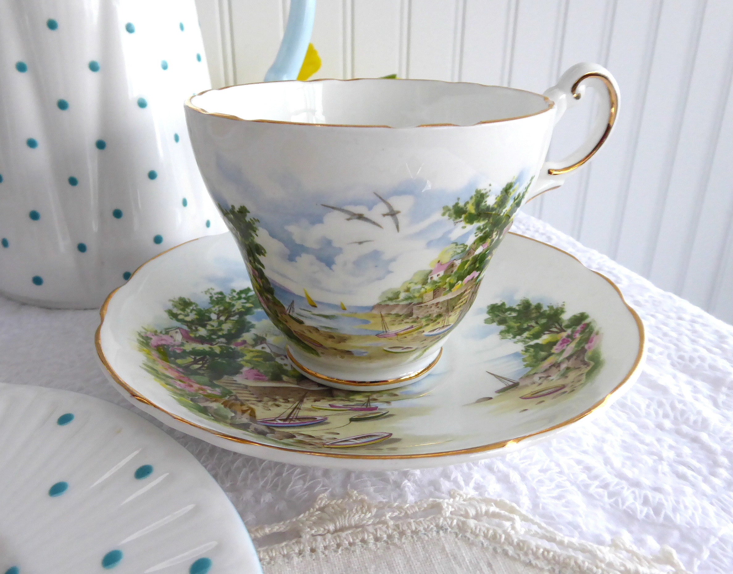 Vintage English Bone China Cup and Saucer Set - 1960s Regency Style with Coastal Scene Design - Perfect for Afternoon Tea, Collecting, and English Cottage Decor