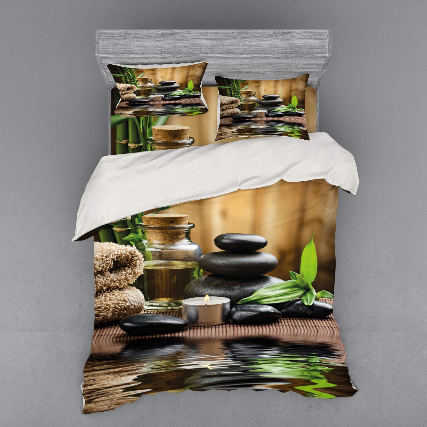 Ambesonne 4-Piece Spa Bedding Set - Queen Size Duvet Cover with Shams & Fitted Sheet - Massage Stone Triplets with Herbal Oil & Scented Candles Print - Black Brown White - Perfect for Massage Parlors, Home Spas & Relaxation Retreats