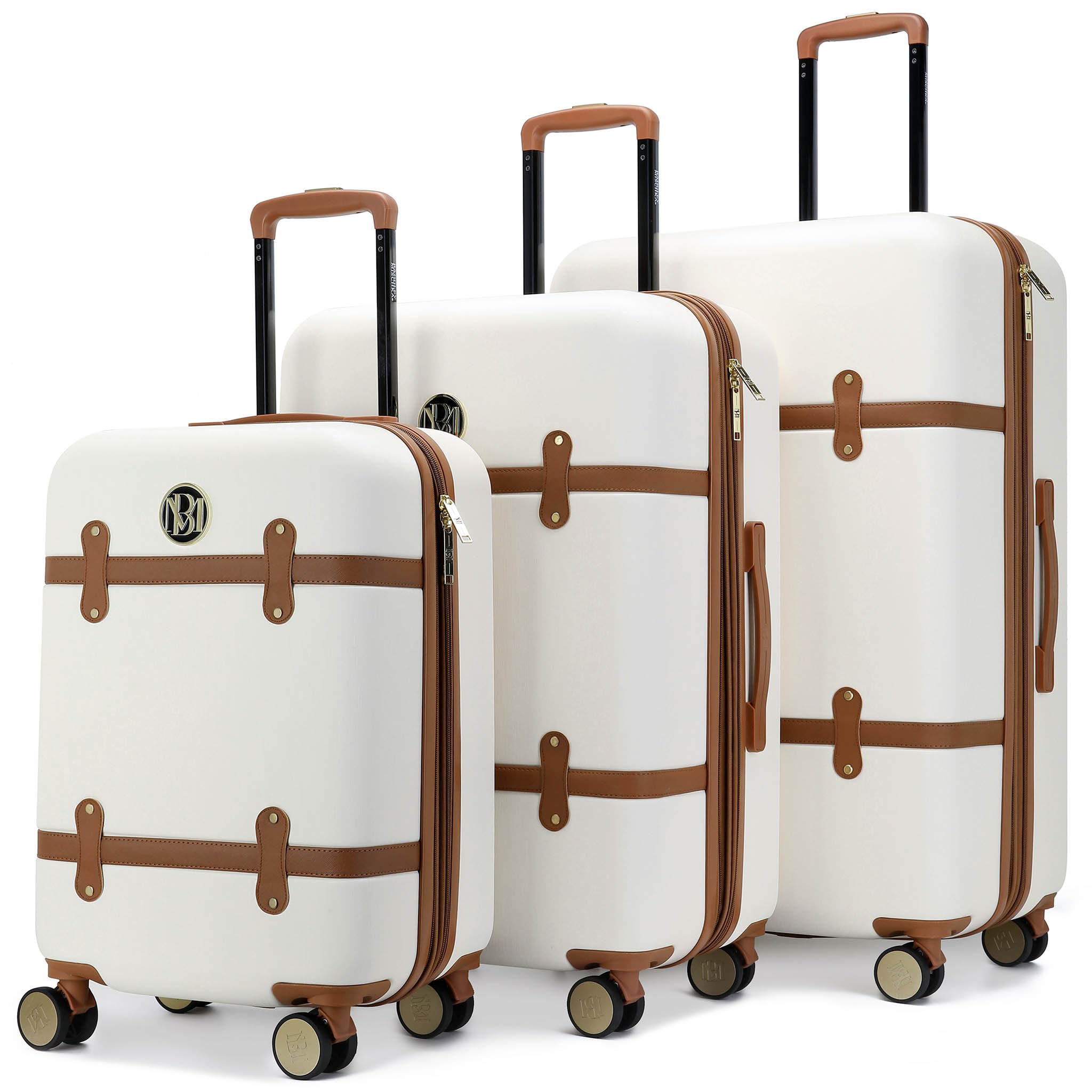 Badgley Mischka Grace 3-Piece Expandable Polycarbonate-ABS Retro Luggage Set in White | Vintage Style Suitcase for Travel, Business Trips & Vacations