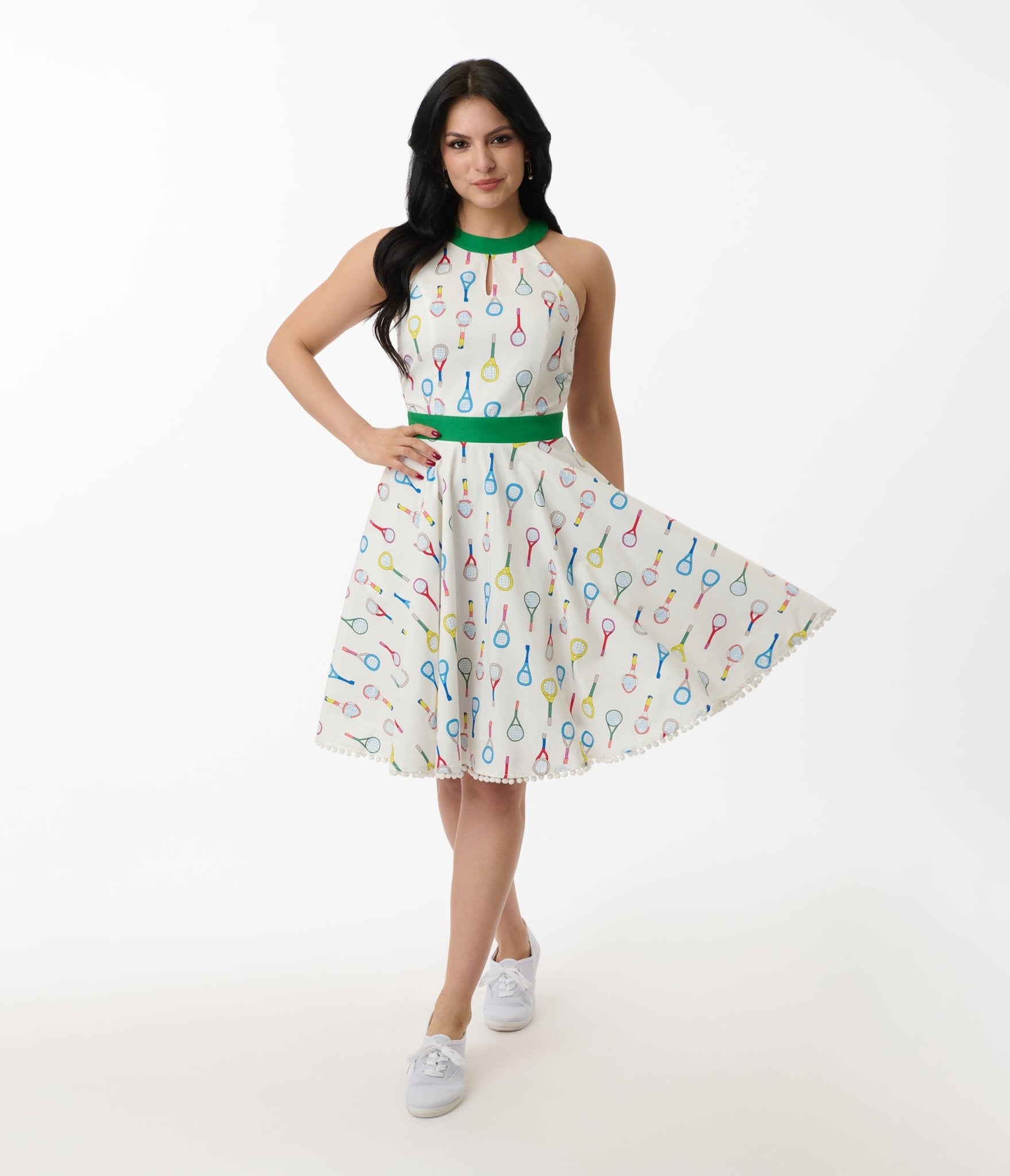 Smak Parlour White Tennis Racket Print Cotton Flare Dress - Casual Summer Outfit for Women, Perfect for Beach Vacations & Tennis Club Events