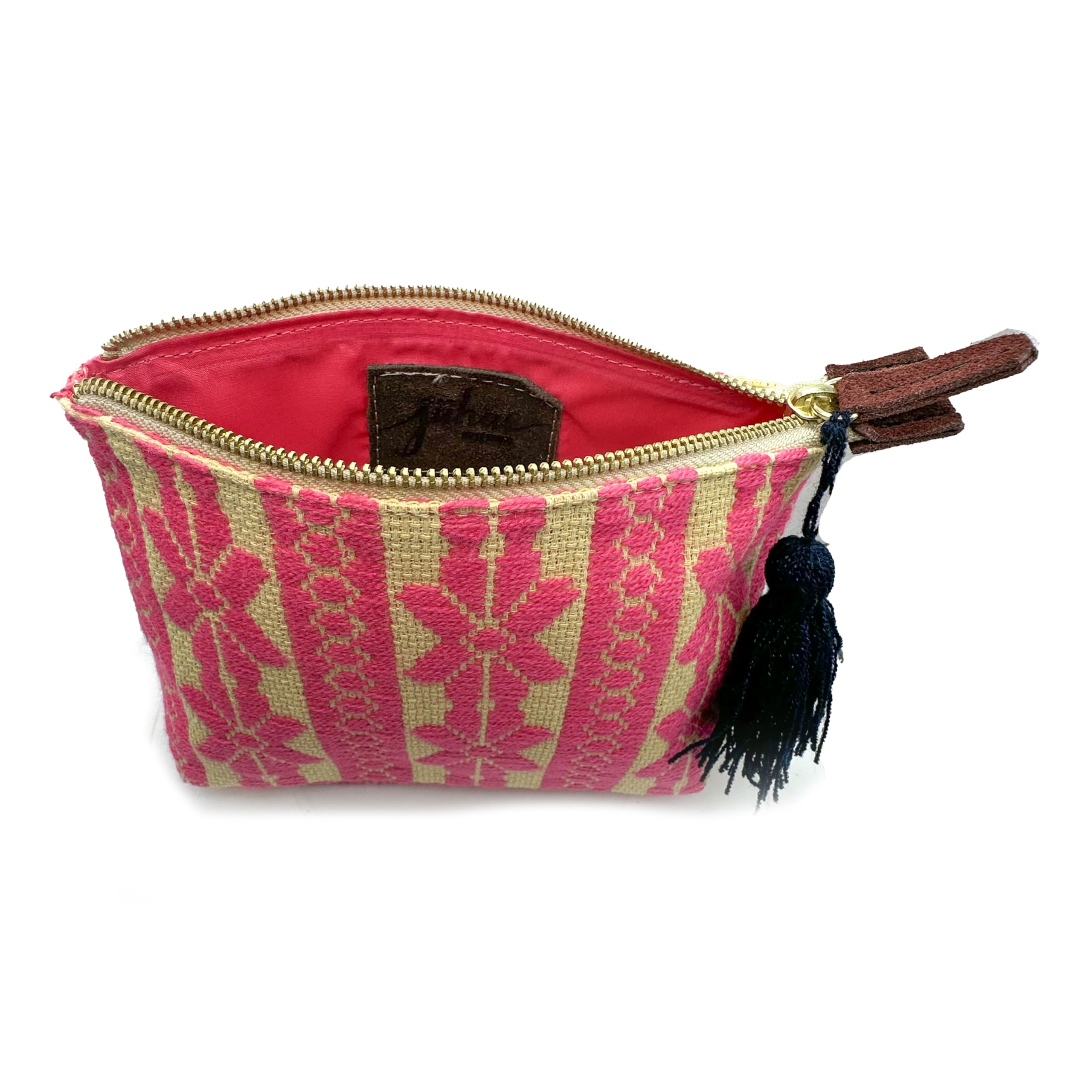 Handmade Mexican Embroidered Makeup Bag 'Cecilia' by Jühue Artesanal - Pink Cosmetic Pouch with Artisan Hand Embroidery | Perfect for Travel, Bridal & Gift Giving