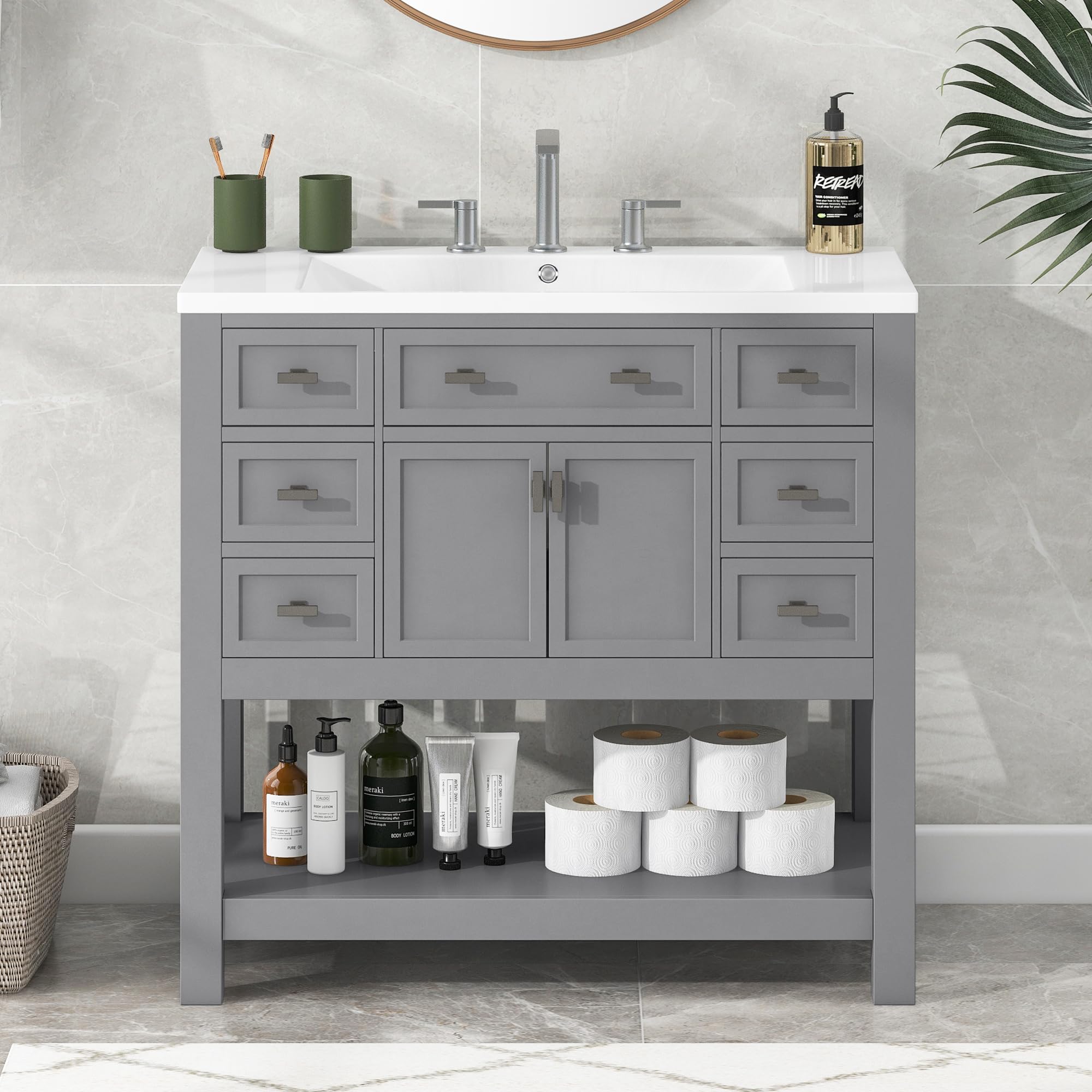 36 Inch Freestanding Bathroom Vanity with Sink - Soft Closing Doors & Drawers - Modern A1 Grey Finish - Perfect for Small Bathrooms & Powder Rooms