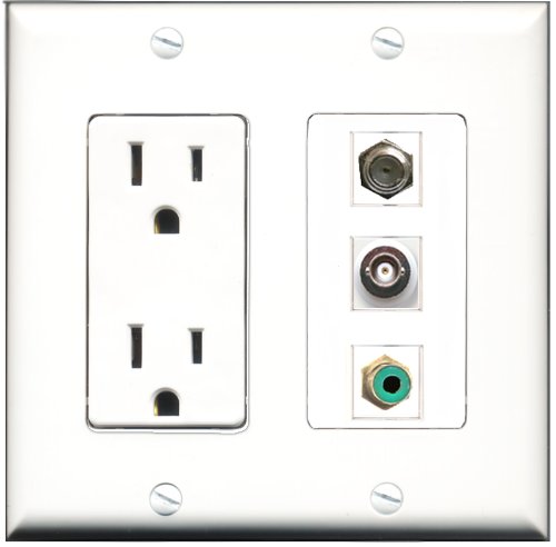 RiteAV 15 Amp Power Outlet Wall Plate with 1 Port RCA, 1 Port Coax, and 1 Port BNC - Green Decorative Cover for Home Theater and AV Setup