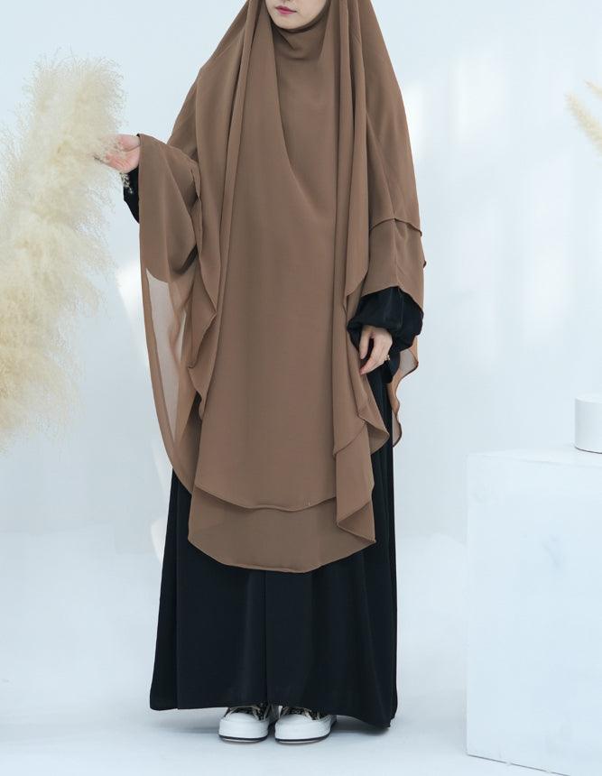 Extra Long Khaki Two Layer Chiffon Khimar Scarf - Elegant Muslim Prayer Shawl for Women, Perfect for Eid, Ramadan & Special Occasions - Lightweight & Breathable Hijab for Daily Wear & Formal Events