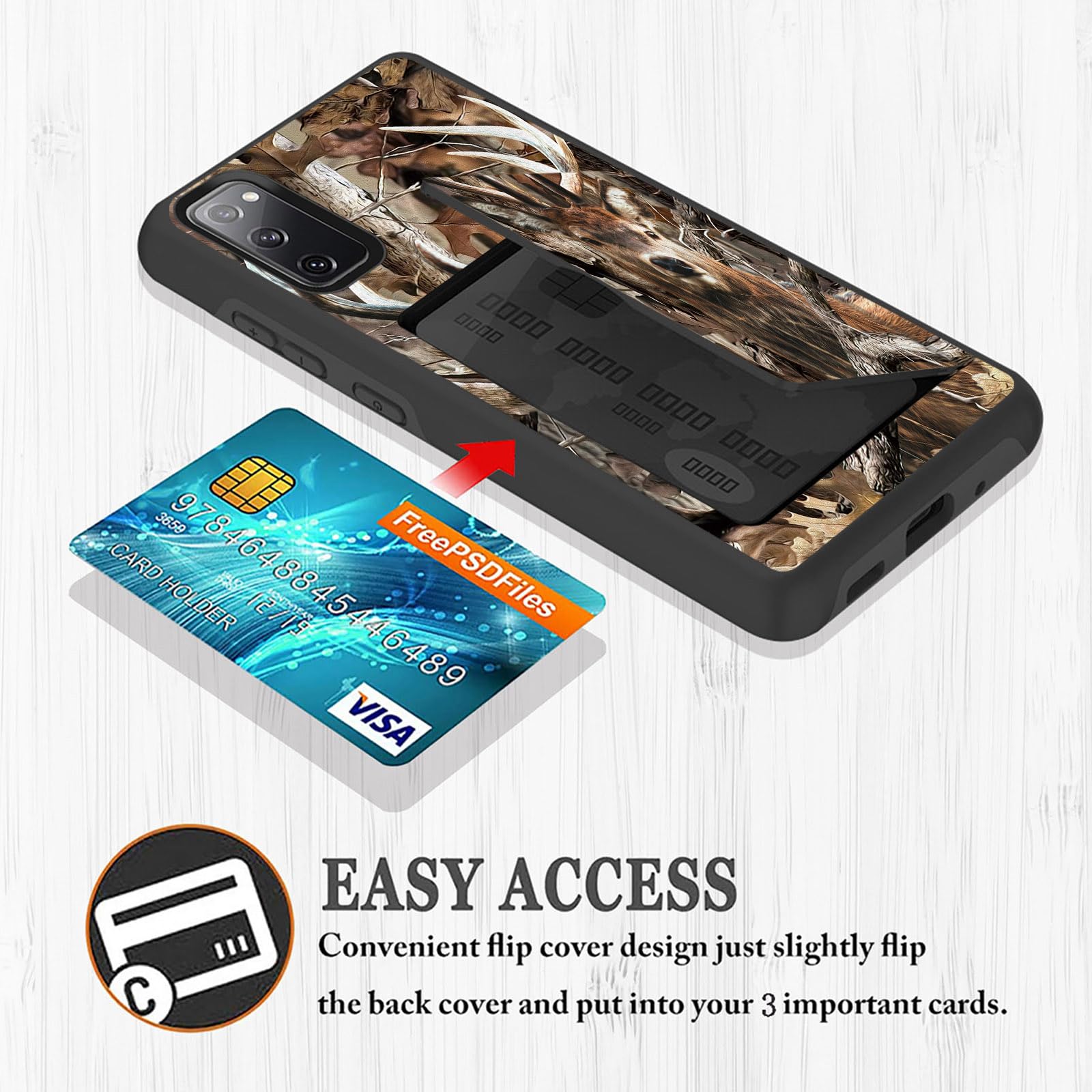 Shockproof Hybrid Case for Samsung Galaxy S20 FE 5G (2020) with Card Holder - Dual Layer Armor Protection, Built-in Wallet Pocket for Credit Cards & ID, Camo Forest Deer Design - Perfect for Outdoor Adventures & Daily Use