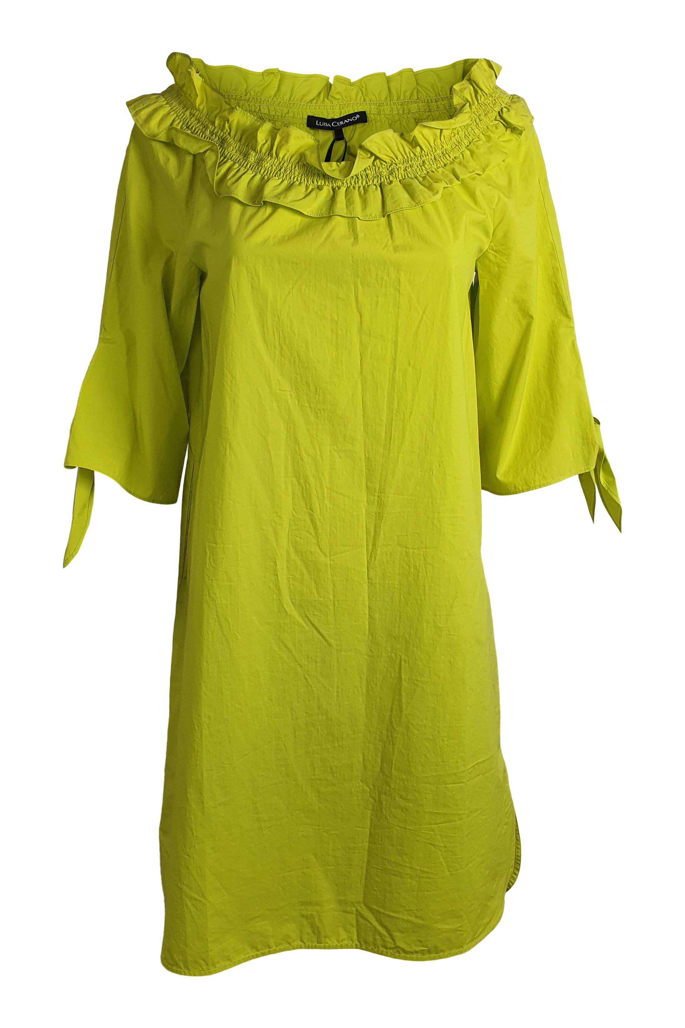 LUISA CERANO Women's Mustard Yellow Cotton Ruffle Collar Short Sleeve Dress - Size DE 34/GB 8 - Casual Summer Dress for Beach, Party & Office Wear