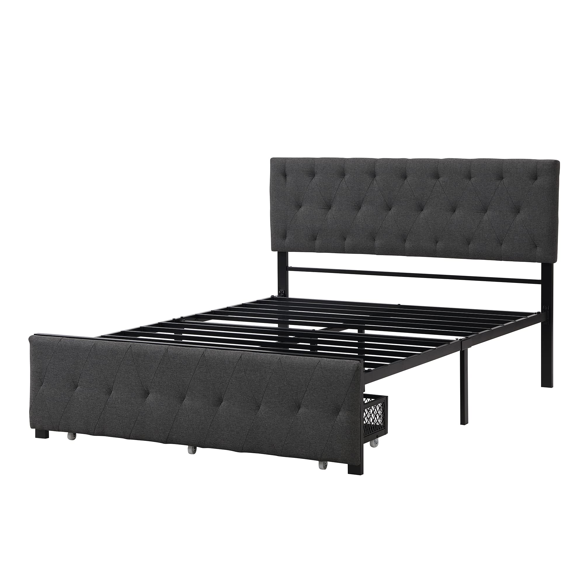 Knocbel Full Size Metal Platform Bed Frame with Linen Upholstered Headboard & Storage Drawers - 13 Heavy Duty Slats, No Box Spring Needed - Sturdy Mattress Foundation for Bedroom, Guest Room, Dorm - Easy Assembly Modern Bed Frame with Underbed Storage