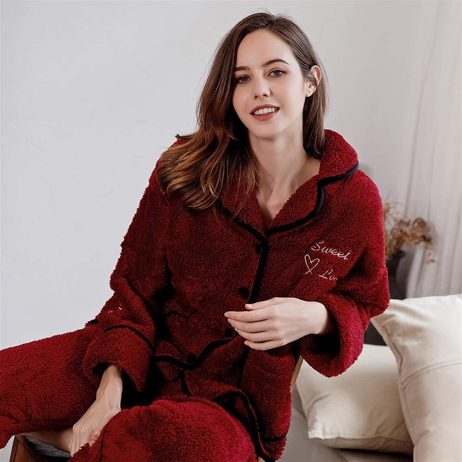 Bayue Women's Winter Warm Coral Fleece Pajama Set - Embroidered Long Sleeve Sleepwear (Red, XL) for Cozy Nights & Holiday Comfort