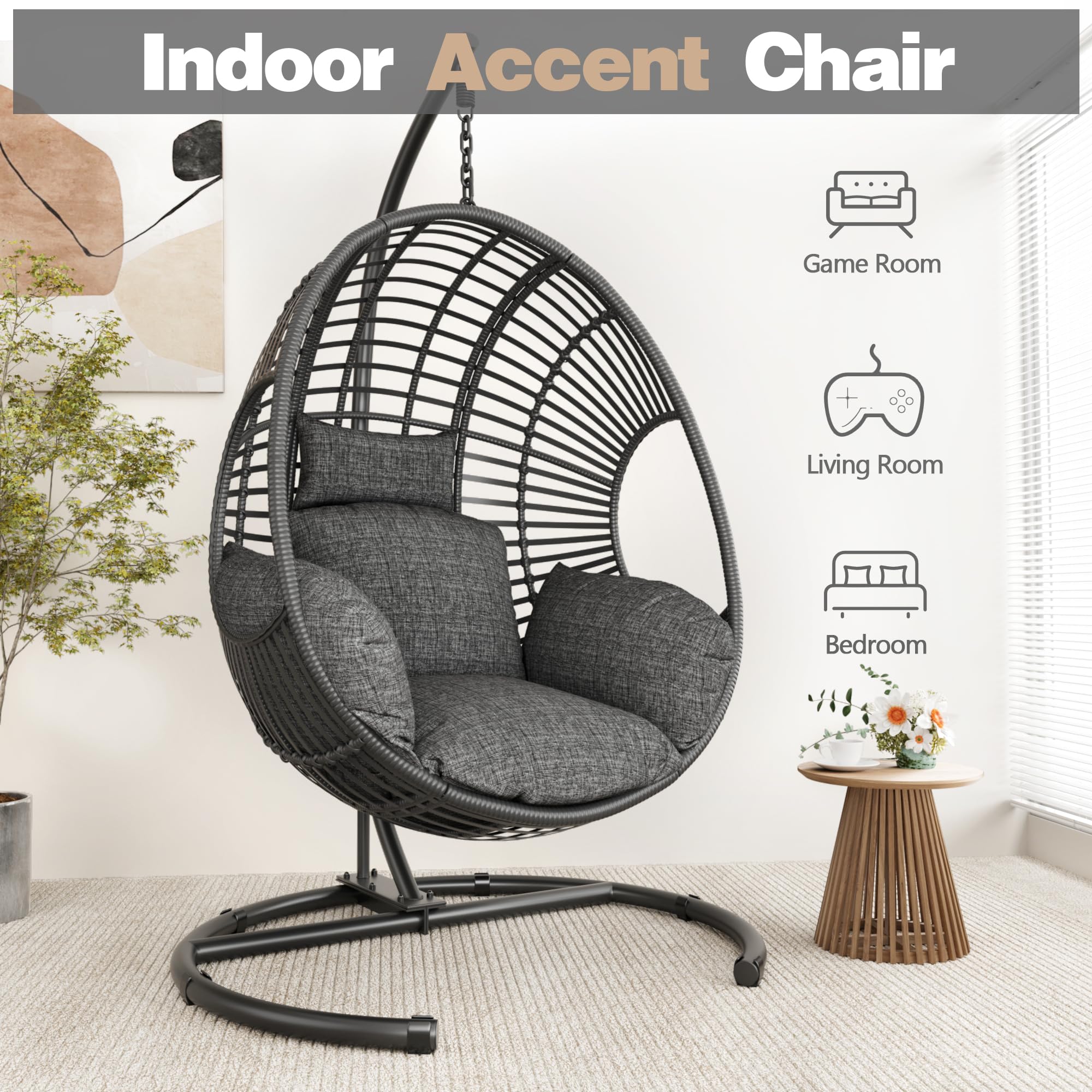 Oversized Hanging Egg Chair - Outdoor Wicker Swing Chair with Stand, Rain Cover & UV-Resistant Cushion (400lbs Capacity) - Perfect for Patio, Garden, Balcony, Backyard Relaxation & Boho Decor