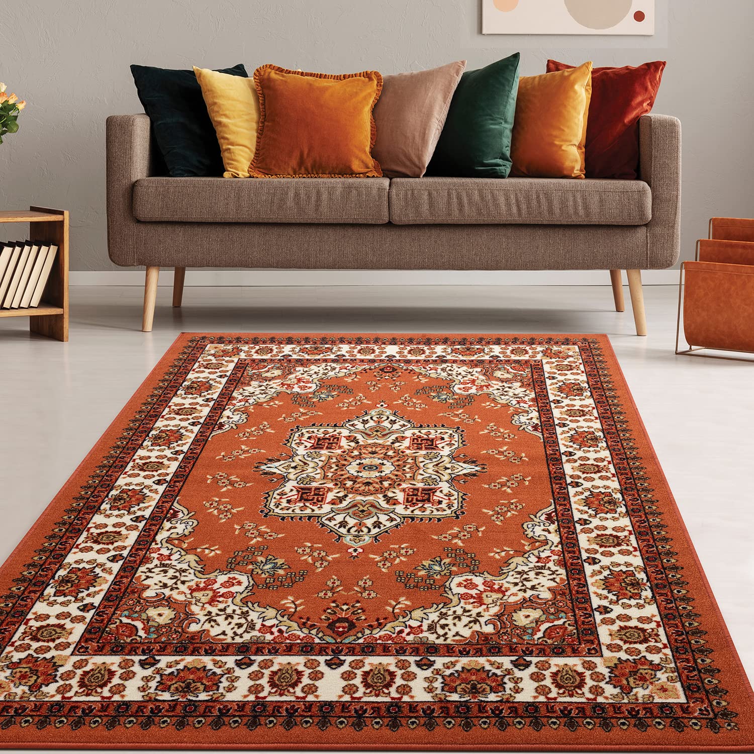Antep Oriental Traditional 8x10 Non-Slip Area Rug with Rubber Backing - Rust Brown 7'10