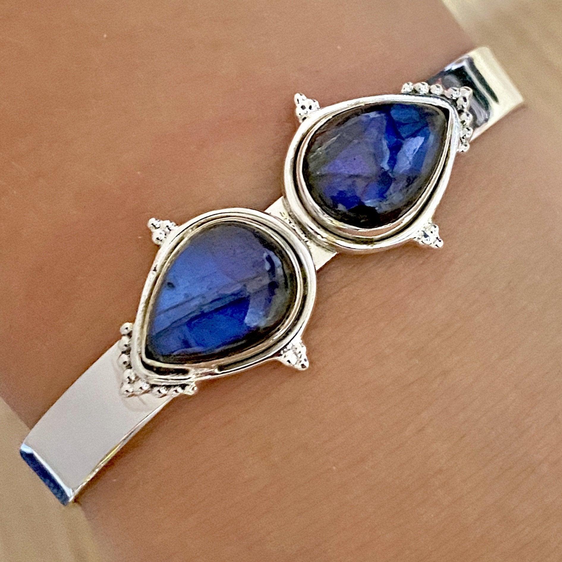Handmade Zahli Two-Tear Labradorite Bangle Bracelet - Elegant Crystal Healing Jewelry for Women - Perfect for Meditation, Yoga & Spiritual Gifts