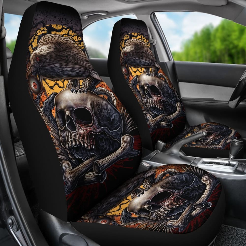 2 Pcs Gothic Skull Car Seat Covers - Universal Fit for Cars, Trucks & SUVs - Black Skull Pattern Auto Accessories for Halloween, Gothic & Punk Style Lovers - Perfect for Themed Parties, Car Shows & Everyday Use