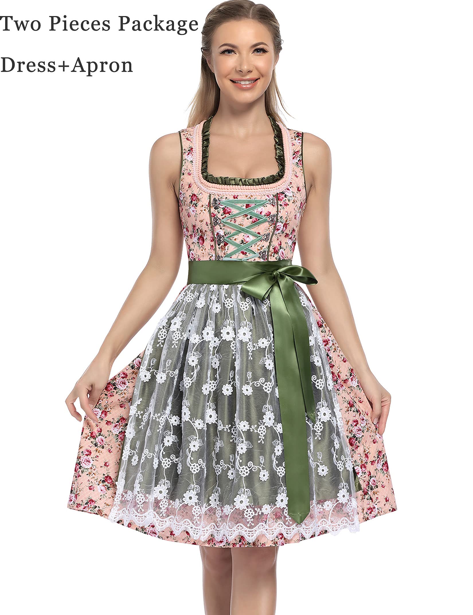 GloryStar Women's German Dirndl Dress - Traditional Bavarian Oktoberfest Costume 2-Piece Set in Green & Pink | Beer Garden Party, Cultural Festival, Halloween Costume
