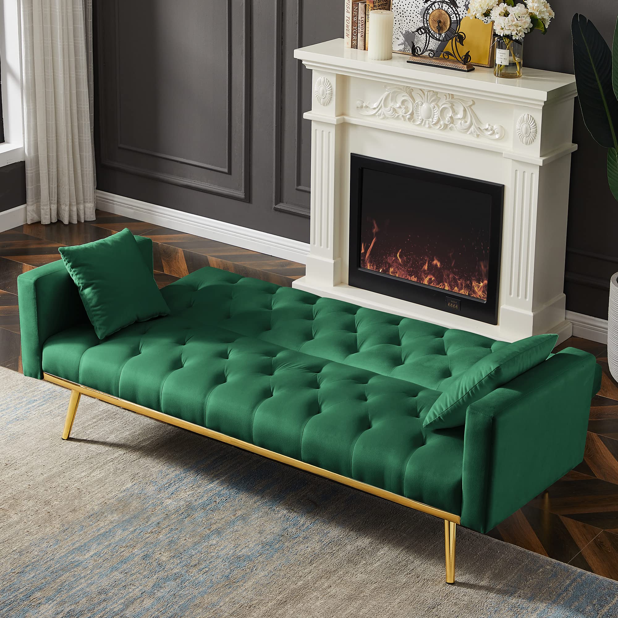 Yoglad Convertible Sofa Bed with Pillow - Velvet Upholstered Recliner Loveseat, Futon Couch with Sturdy Metal Legs, 73