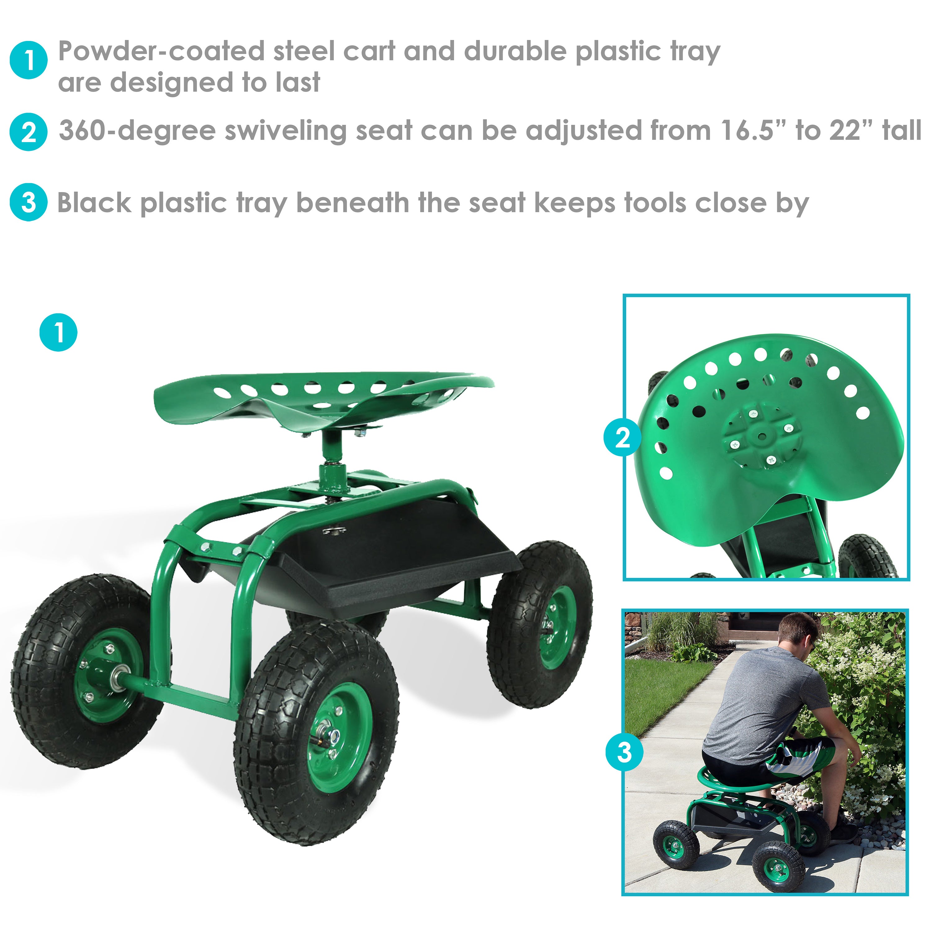Sunnydaze Rolling Garden Cart with 360 Degree Swivel Seat & Tray - Heavy Duty Outdoor Utility Cart for Gardening, Yard Work & Patio Storage