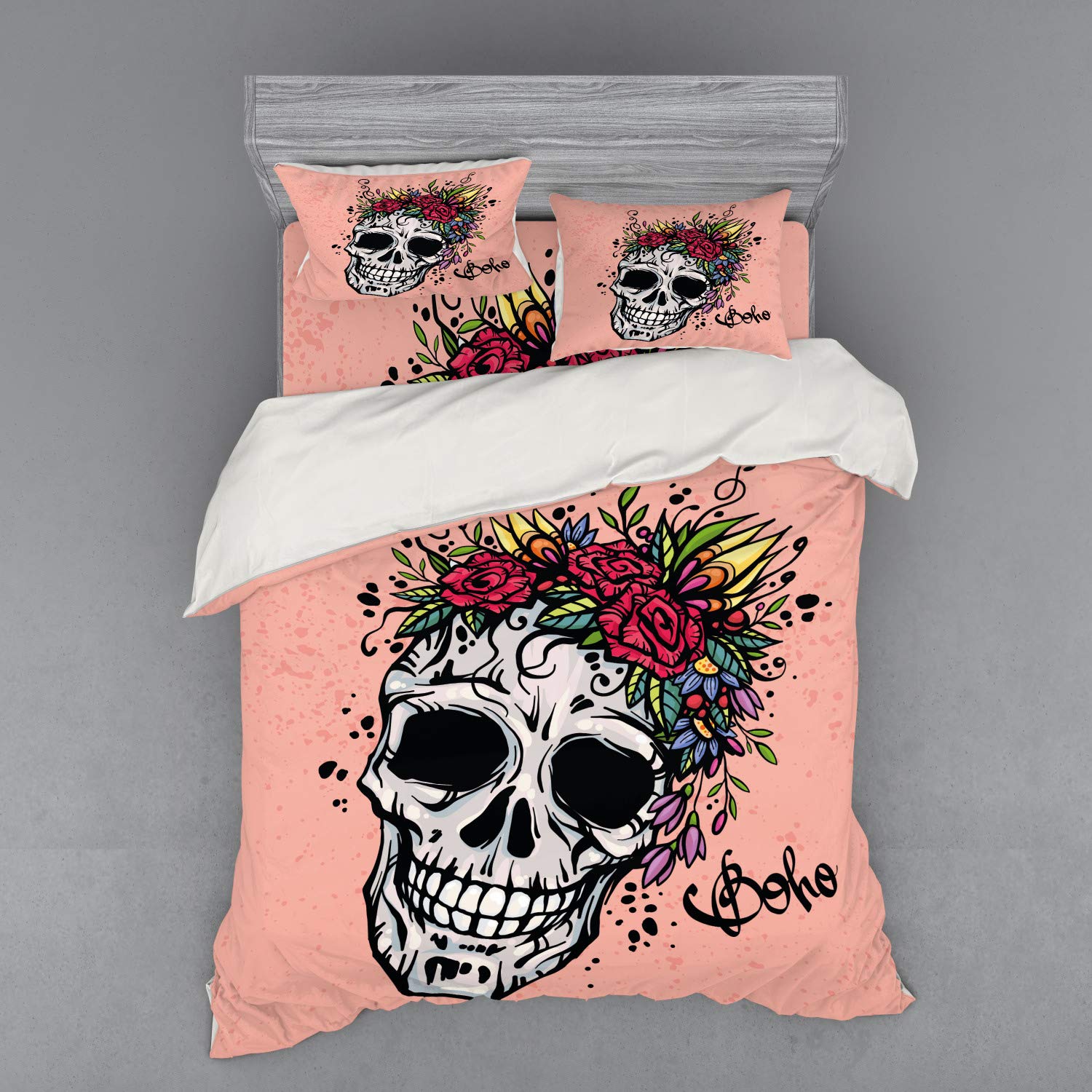 Ambesonne Rose Queen Size 4-Piece Duvet Cover Set - Day of The Dead Skull with Floral Wreath Boho Design, Includes Shams & Fitted Sheet, Coral Multicolor - Perfect for Bohemian Bedroom Decor & Gothic Home Styling