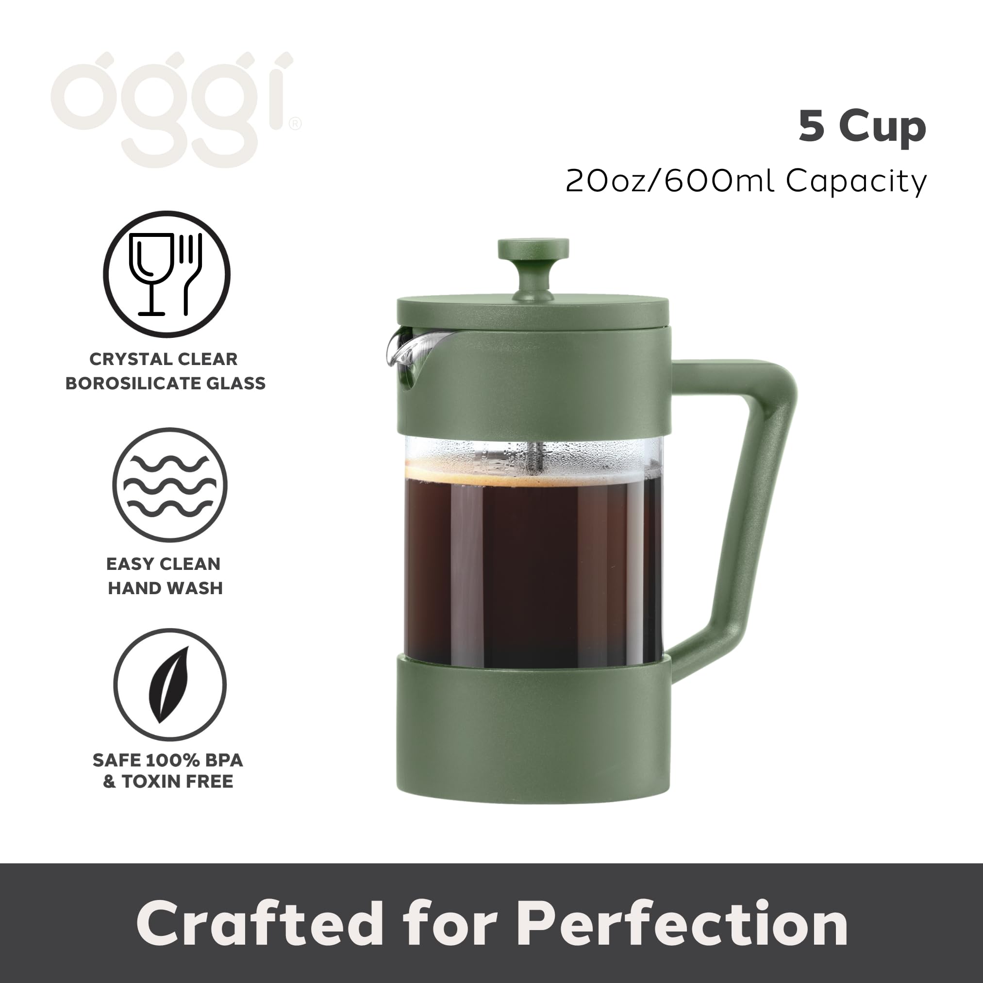 Premium Oggi Borosilicate Glass French Press Coffee Maker - 20oz (5 Cup) Capacity, Single Serve Coffee Press with Stainless Steel Lid & Plunger | Perfect for Home, Office & Camping | Great Coffee Gift Idea in Green