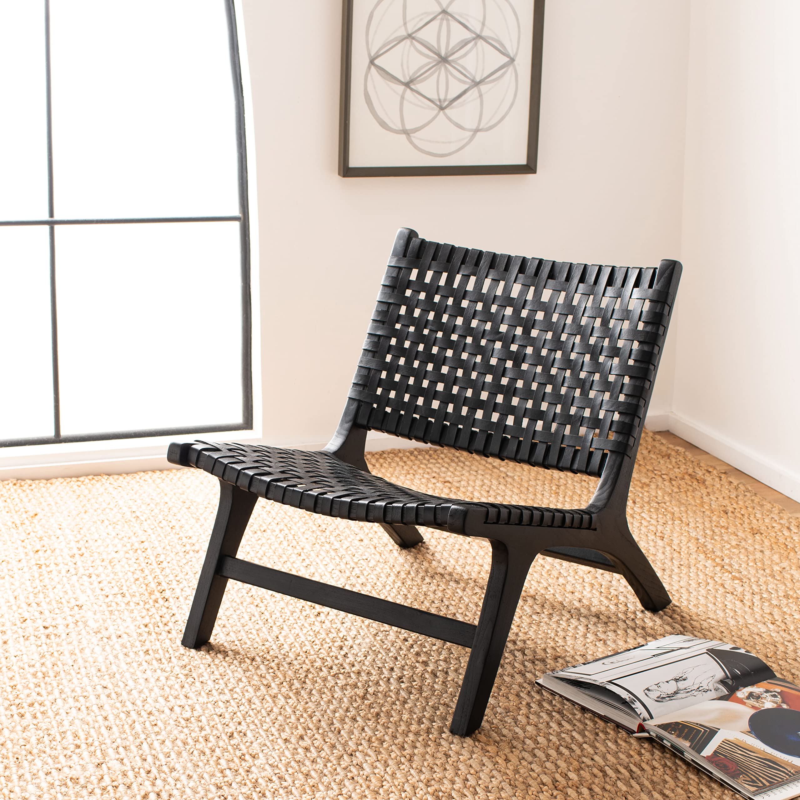 Safevieh Luna Black Leather Woven Accent Chair - Modern Living Room, Office & Lounge Seating Furniture for Home Decor