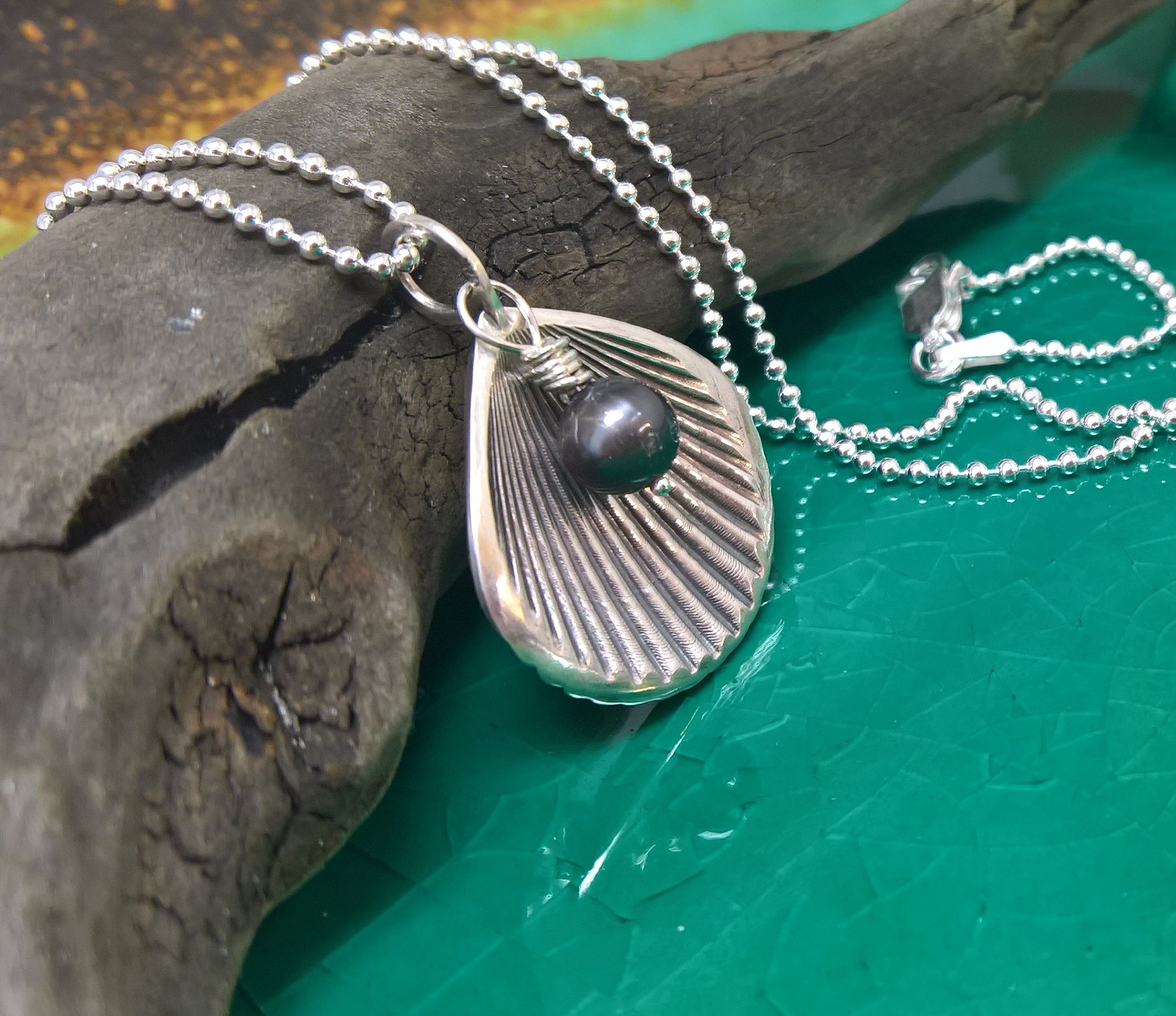 Sterling Silver Scallop Shell Necklace with Black Pearl Charm - Elegant Seashell Jewelry for Women | Perfect Beach Wedding, Vacation & Summer Accessories