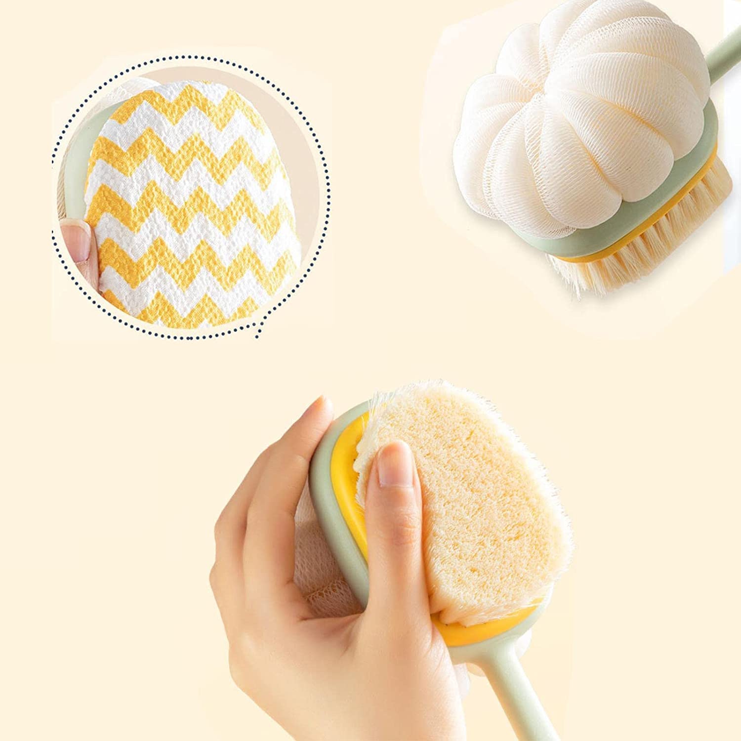 Emcrovi Wooden Double-sided Bath Brush with Massager & Long Handle - Exfoliating Body Brush for Dry Brushing & Skin Care | Natural Bristles | Multi Color | Perfect for Shower, Spa & Lymphatic Drainage Massage