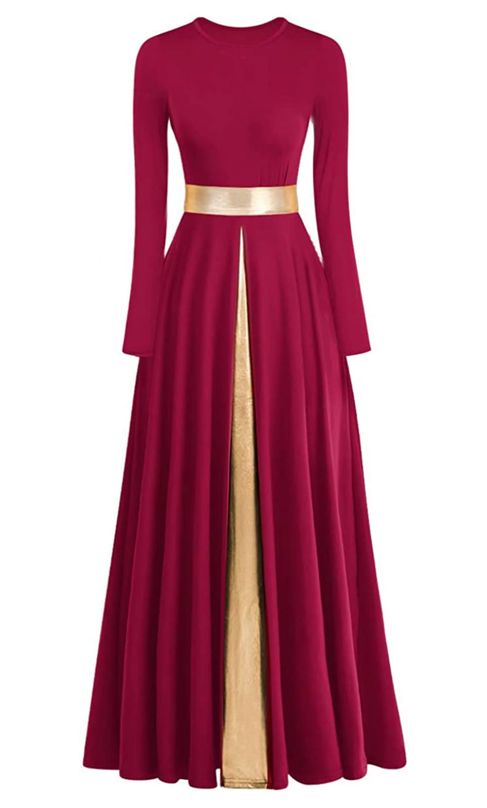 Women's Praise Dance Dress with Metallic Waistband - Long Swing Liturgical Worship Robe for Church, Lyrical Dancewear - Perfect for Worship Teams & Stage Performances
