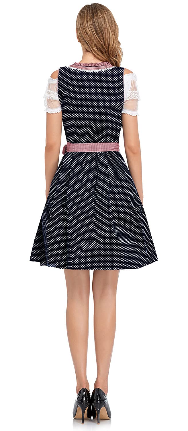 Authentic German Oktoberfest Costume for Women - 3-Piece Dirndl Dress Set with Bavarian Blue Dress, White Blouse & Pink Apron | Perfect for Oktoberfest Parties, Halloween & Cultural Events